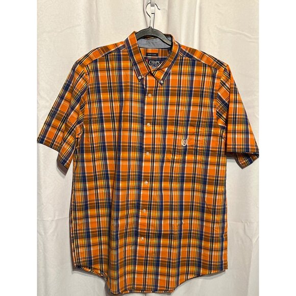 Chaps Mens Plaid Button-Down Shirt Size L Orange/Blue Short Sleeve Easy Care Cot - Picture 1 of 9